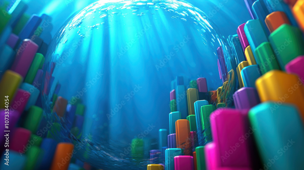 Poster vibrant underwater city built from colorful geometry with rays of light filtering through water, cre
