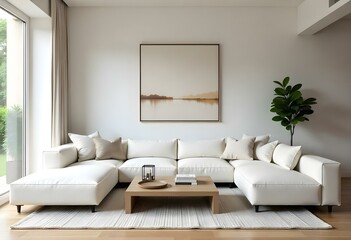 A luxurious living room with a large white sofa, a wooden coffee table, and a framed abstract artwork on the wall
