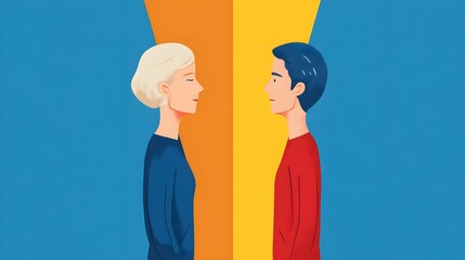 Obraz premium Man and Woman Facing Each Other on Colorful Background