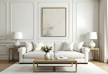 A luxurious living room with a large white sofa, a wooden coffee table, and a framed abstract artwork on the wall