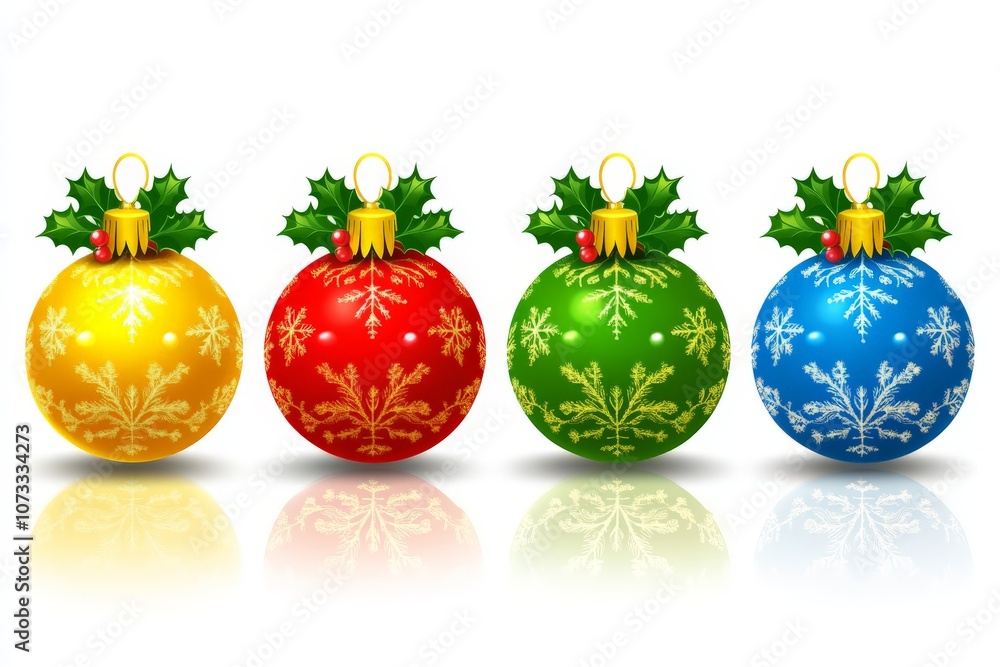 Poster set of colorful christmas ornaments in red blue green and yellow with snowflake patterns creating a 