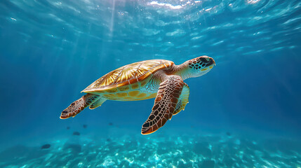 Obraz premium Underwater Scene of a Vibrant Coral Reef with Colorful Fish Swimming Gracefully Beneath Clear Blue Waters Featuring a Majestic Turtle