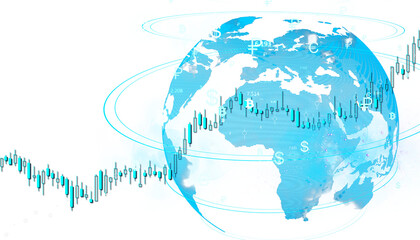 Digital globe with financial chart, currency symbols around, and a white background. Concept of global economy, business, and technology. 3D Rendering.