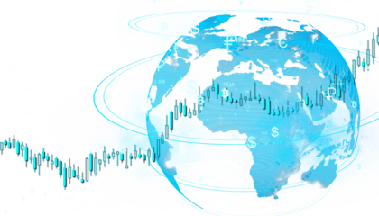 Digital globe with financial chart, currency symbols around, and a white background. Concept of global economy, business, and technology. 3D Rendering.