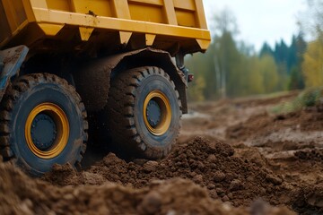 Obraz premium Dump truck unloading soil or sand – Depicting heavy-duty machinery in action at a construction site, delivering materials for groundwork or landscaping projects