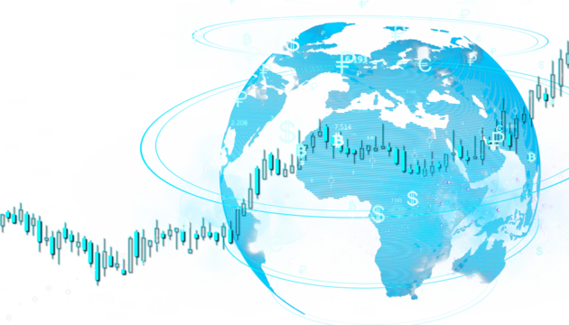Digital globe with financial chart, currency symbols around, and a white background. Concept of global economy, business, and technology. 3D Rendering.
