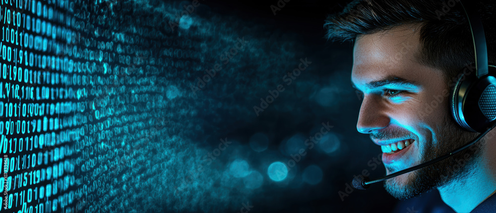 Aufkleber a focused young man smiles while wearing a headset, surrounded by a glowing digital backdrop of bina