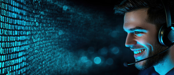A focused young man smiles while wearing a headset, surrounded by a glowing digital backdrop of binary code.