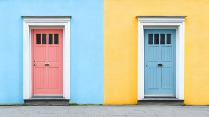 Fototapeta premium Two colorful doors on a blue and yellow house