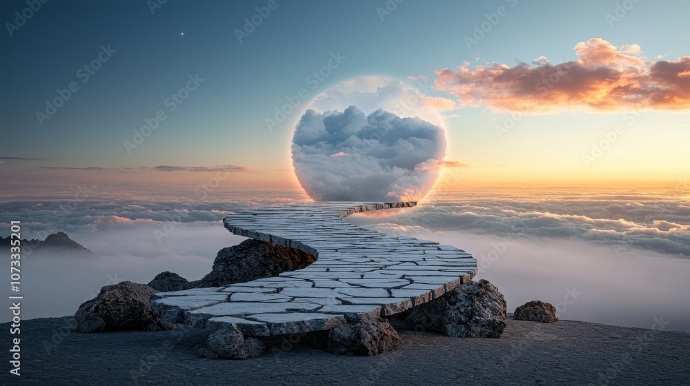 Poster surreal pathway to dreamlike horizon with floating orb above clouds, inviting exploration and imagin
