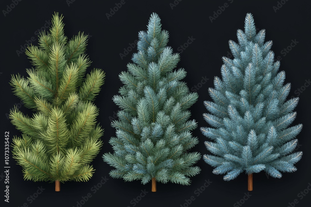Poster row of three different christmas trees with lush green snow frosted branches creating a festive holi