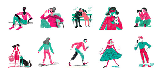 A set of cartoon drawings of people in green and red hues isolated on white. A collection of men and women doing everyday activities and daily routines. AI-generated illustrations