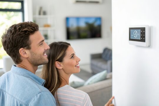 A man and woman smile while interacting with a smart home control panel on the wall. Their comfortable living room features soft furnishings and a large television in the background, reflecting modern - Powered by Adobe