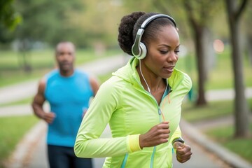 Naklejka premium A man and a woman jog together through a park during daylight. The woman wears a bright green jacket and headphones, while the man sports a blue tank top. Both are focused on their workout.