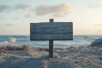Fototapeta premium Blank Wooden Signpost on Sandy Beach with Ocean Background