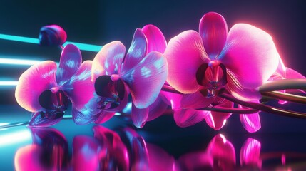 Fototapeta premium Pink Orchid Flowers in Neon Light - Abstract Floral Photography