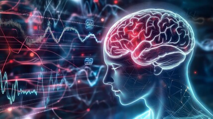 Obraz premium Digital illustration depicting a human head with brain activity.