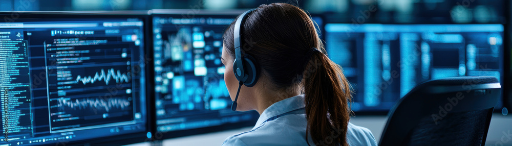 Poster a focused professional monitors data on multiple screens, equipped with a headset, in a high-tech en