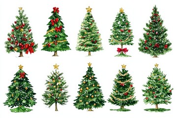 Fototapeta premium Collection of miniature decorated Christmas trees with various ornaments and star toppers adding a playful and festive touch to holiday decor