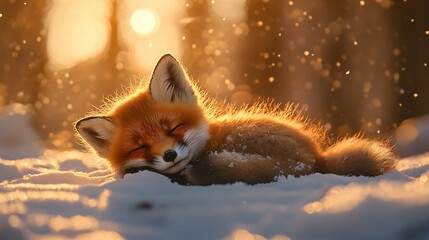 Fototapeta premium cute fox cub sleeping in the wild on the background of winter at sunset, the incredible beauty of winter wildlife