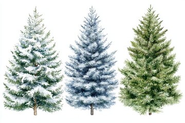 Collection of snow frosted evergreen trees on a white background highlighting winter elegance and festive holiday greenery in cool natural tones