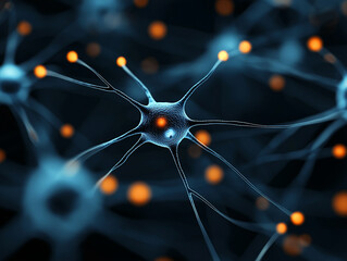 Detailed view of interconnected neurons with glowing nodes and synapses.