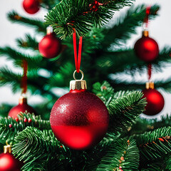 Fototapeta premium Close-up of Christmas tree ornaments, including a shiny bauble and a glittery star