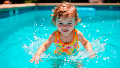 Happy child splashing in swimming pool on a sunny day.  Kids swimming pool . Little girl in pool.  Small girl swimming. Infant swimming class. Toddler swimming  .Baby swimming lessons
