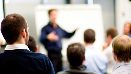 Employee Idea Pitch Blur - Blurred background capturing an idea pitch session with employees presenting.
