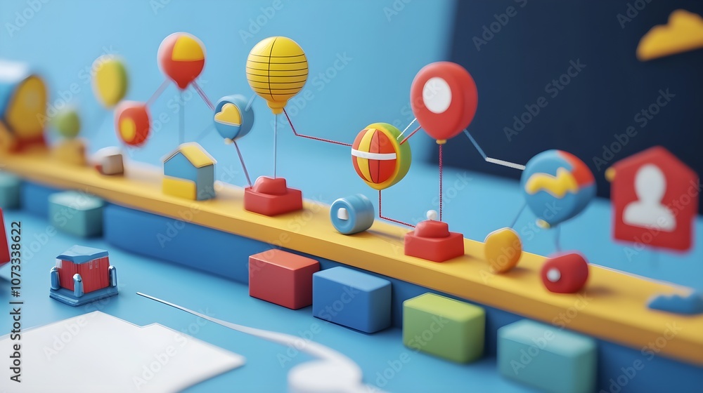 Poster colorful 3d abstract shapes and objects on blue background