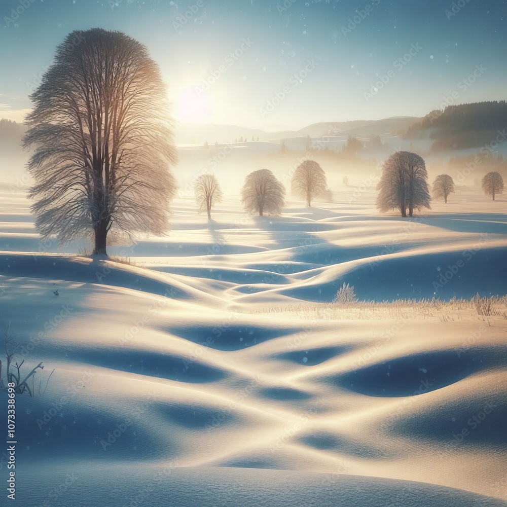 Poster snowy field a wide open field covered in snow with a few trees d