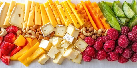 Assorted cheese dices and slices arranged with vibrant fruits and nuts, upscale cheese board