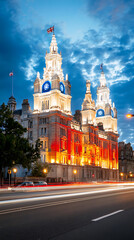 Obraz premium Celebrate united states independence day with a patriotic light display on historical buildings