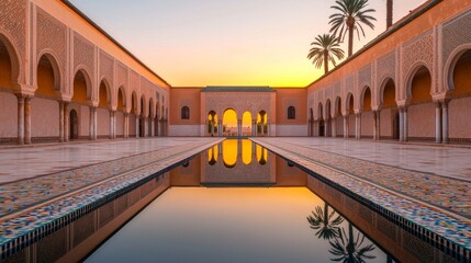 Fototapeta premium Stunning reflection of an ornate courtyard at sunset, highlighting architectural beauty and serene water.