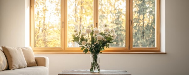 A beautifully arranged bouquet of flowers on a table, surrounded by natural light filtering through large windows.