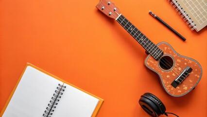 Fototapeta premium Atop an Orange Surface, an Open Notebook with a Ukulele, Pencil, and Headphones Lay Ready for Musical Inspiration
