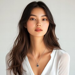 studio portrait of a woman wearing necklace with a sapphire pendant, isolated on white background