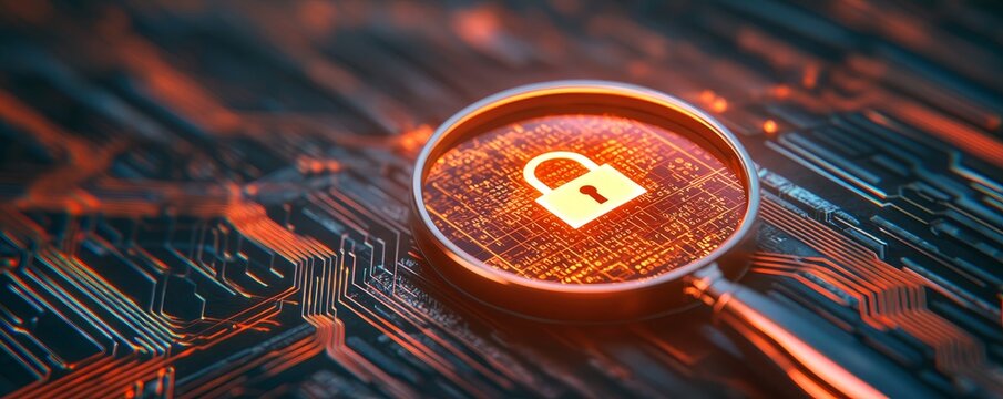 A close-up view of a digital lock symbol magnified on a circuit board, representing cybersecurity and data protection concepts. - Powered by Adobe