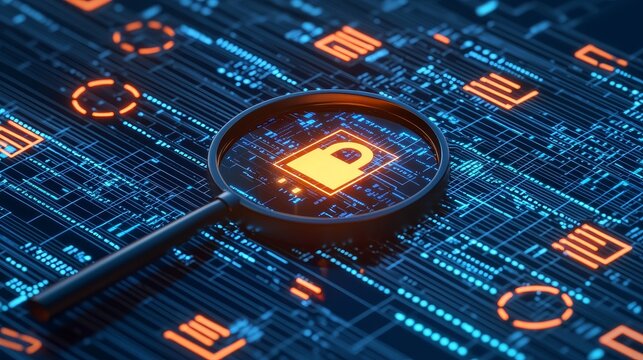A close-up view of digital security concepts featuring a magnifying glass over a locked padlock icon on a circuit board. - Powered by Adobe