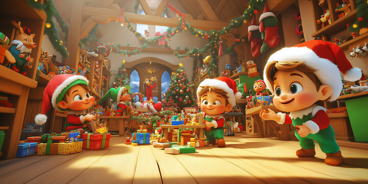 A group of playful elves working in Santa&rsquo;s workshop, surrounded by toys and gadgets 3D Illustration