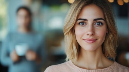 Fototapeta premium A cheerful woman smiles warmly in a cozy cafe, exuding confidence and happiness while enjoying her surroundings.