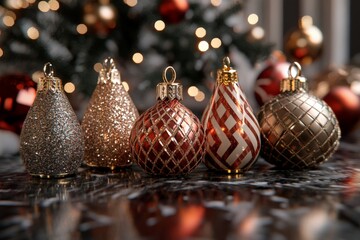 Collection of bronze and copper Christmas ornaments with intricate designs creating a luxurious...