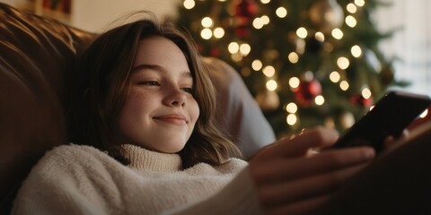 Girl Relaxing with Phone in Christmas Decorated Room