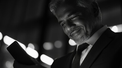 Urban Businessman Checking Phone at Night