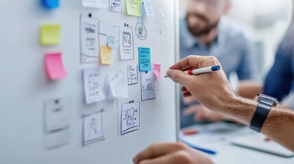 Creative Team Collaborating on Project with Sticky Notes and Diagrams on Whiteboard in Modern Office Setting