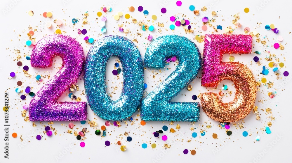 Poster a colorful and glittery font that spells out the number twenty-five