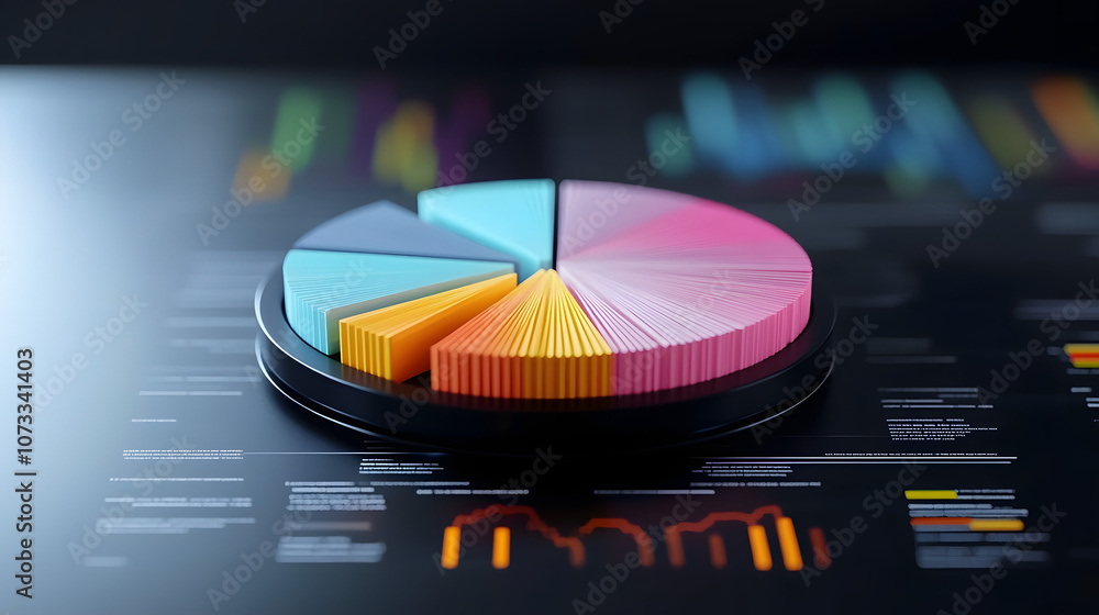 Poster pie chart on a digital screen, representing business data analysis and reports 3d financial
