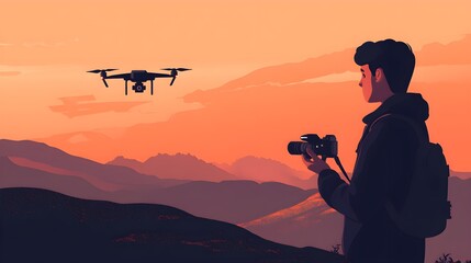 Photographer Watching Drone Fly Over Mountain Landscape