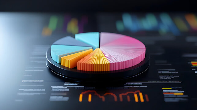 Pie chart on a digital screen, representing business data analysis and reports 3D financial - Powered by Adobe