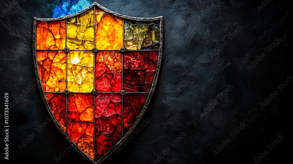 Poster Stained Glass Shield Illustration with Vivid Colors and Intricate Patterns Ideal for Medieval and Fantasy Themes in Art and Design Projects